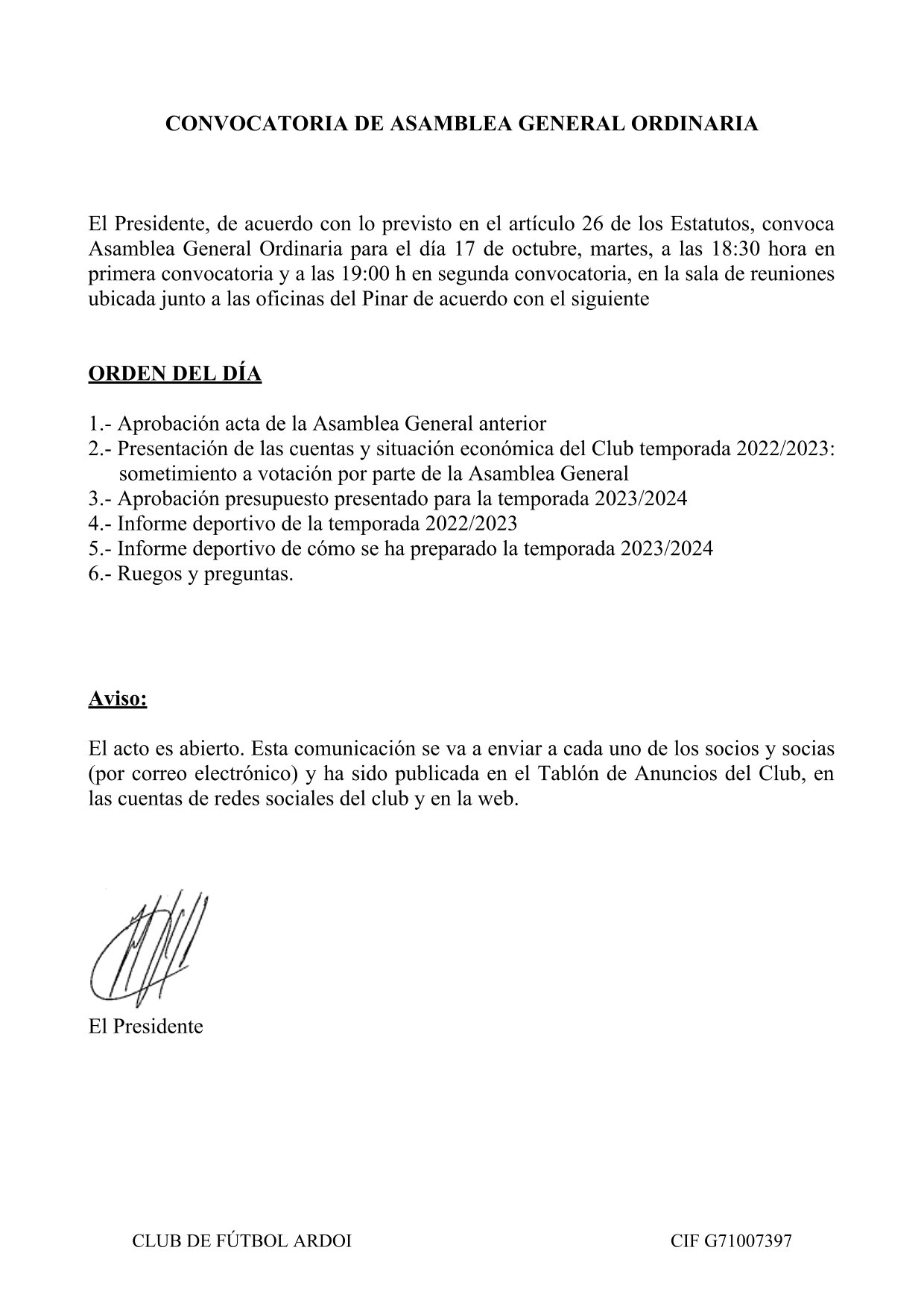 CONVOCATORIA DE ASAMBLEA GENERAL ORDINARIA 22-23